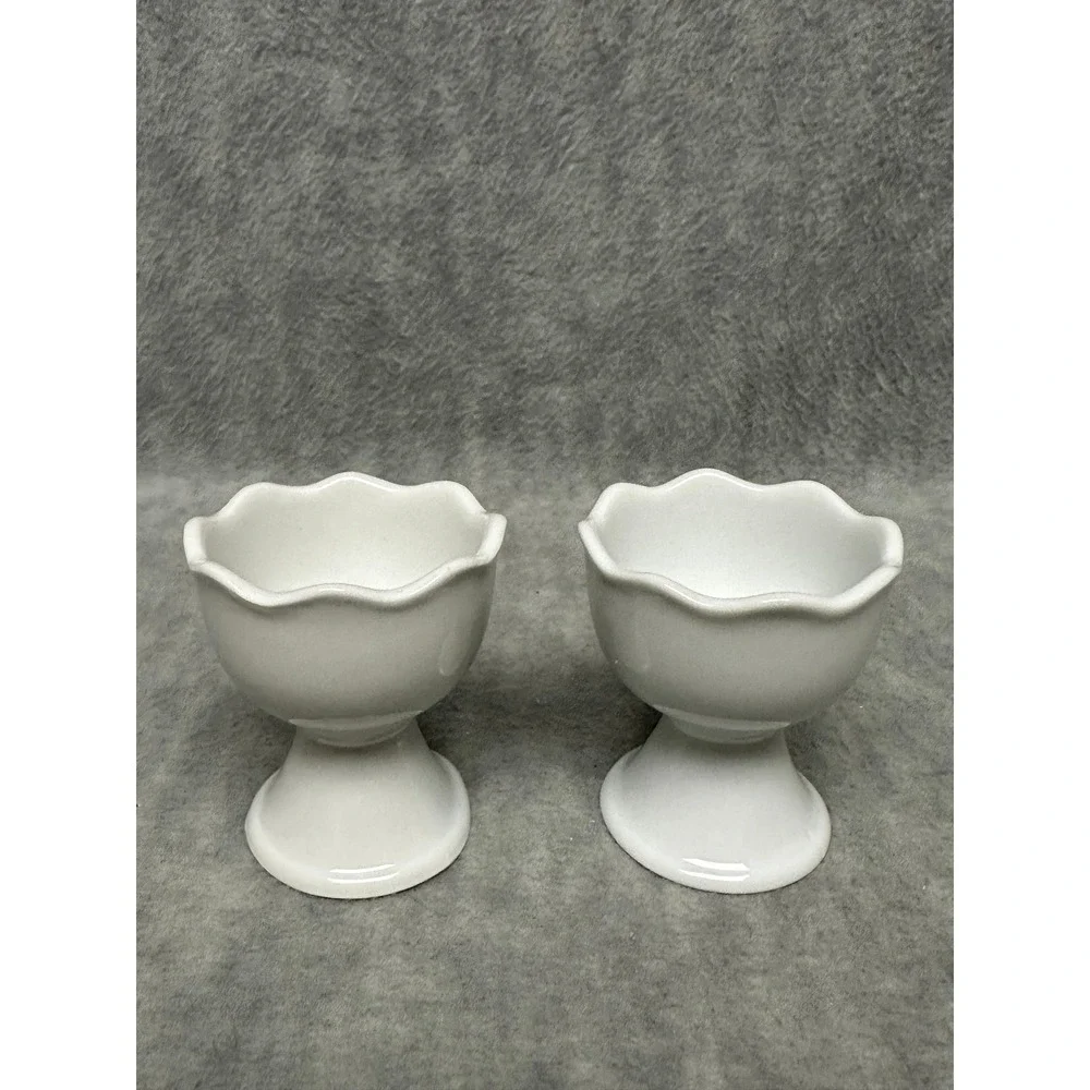 Pier 1 Egg Cup Set of 2 White Scalloped‎ Ceramic Pedestal Pair